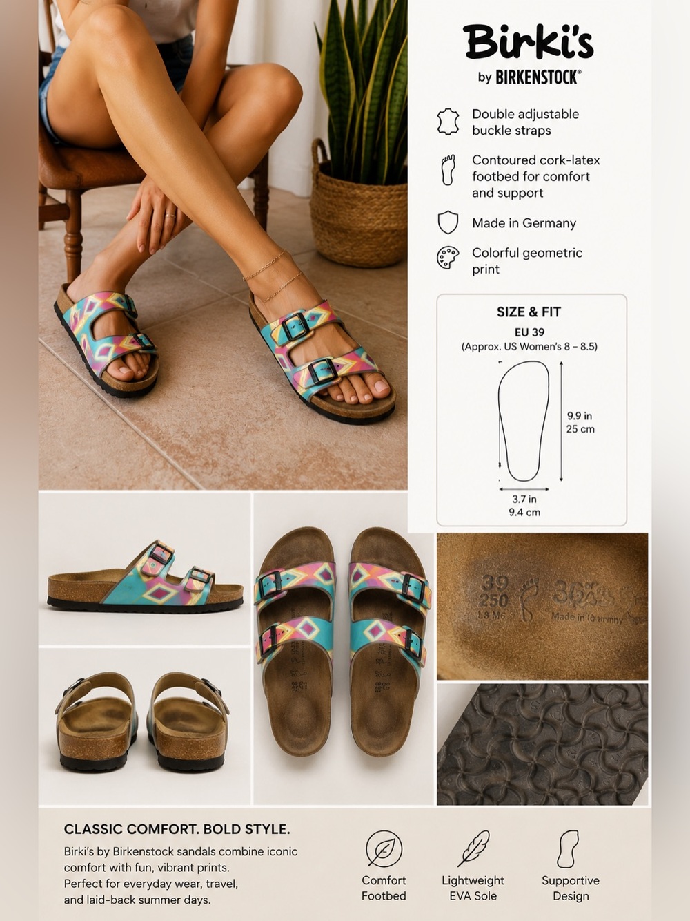 Birki's by Birkenstock Women's 39 Geometric Print Double Strap Slide Sandals